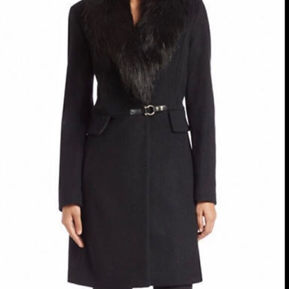 Faux fur trim shearling winter Coat, deep navy blue, XS - Picture 1 of 7